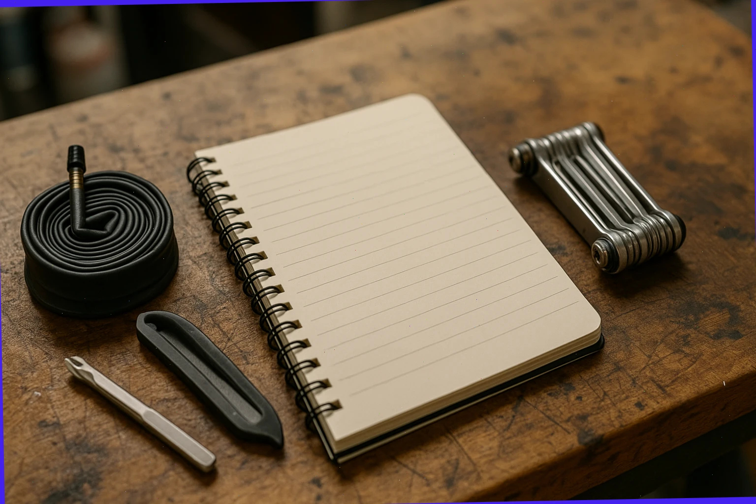 Notebook beside a multi-tool and spare tube on a workshop bench