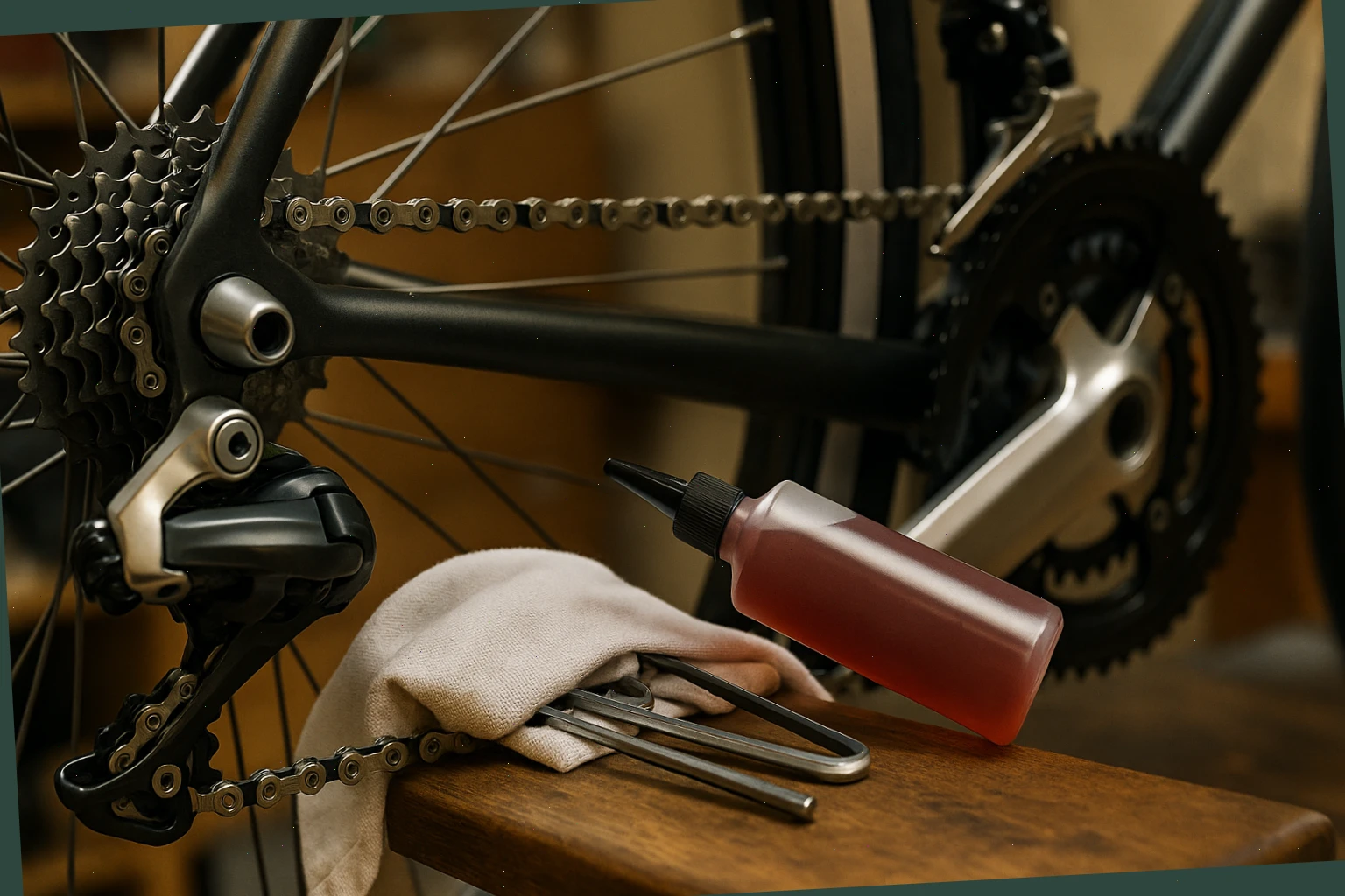 Clean chain on drivetrain with lint-free cloth and lube bottle