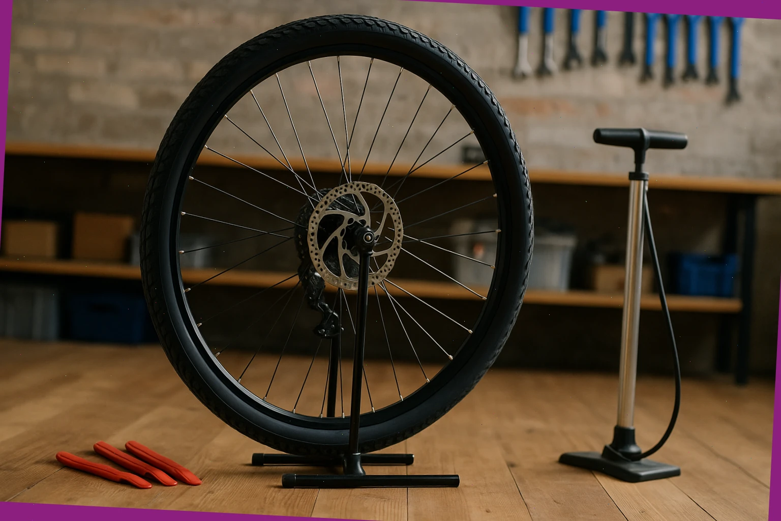 Bicycle wheel on a stand with tyre levers and pump nearby