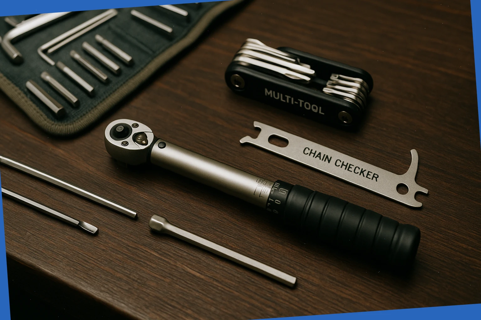 Toolkit laid out with torque wrench, multi-tool and chain checker